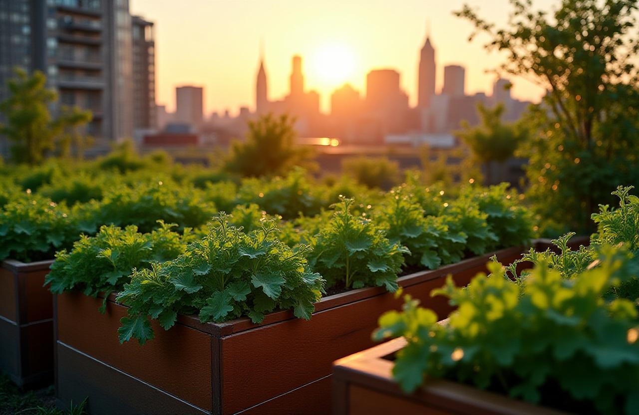 Lush organic rooftop garden overlooking New York City skyline