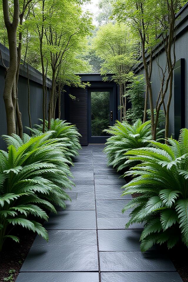 Modern eco-friendly garden design path with lush ferns