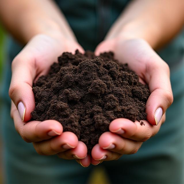 Hands showing rich, dark organic soil after treatment
