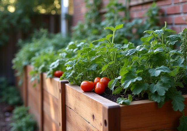 Sustainable cedar wood raised beds with heirloom tomatoes